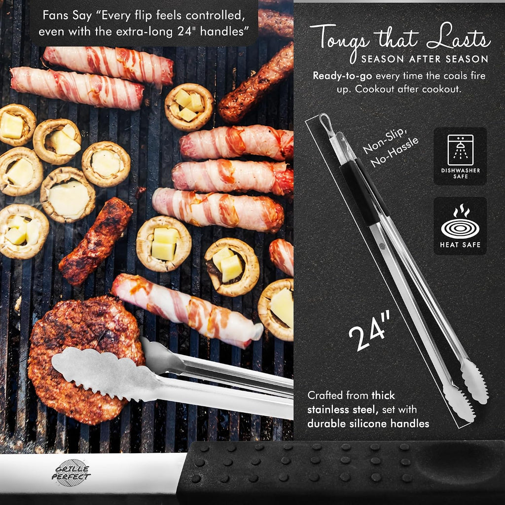 Grill Tongs 24-Inch Super Long Extra Heavy Duty for Grilling and Barbecue Heat Resistant Hand Grips Stainless Steel for BBQ Outdoor Kitchen and Cooking Hot Grilled Food