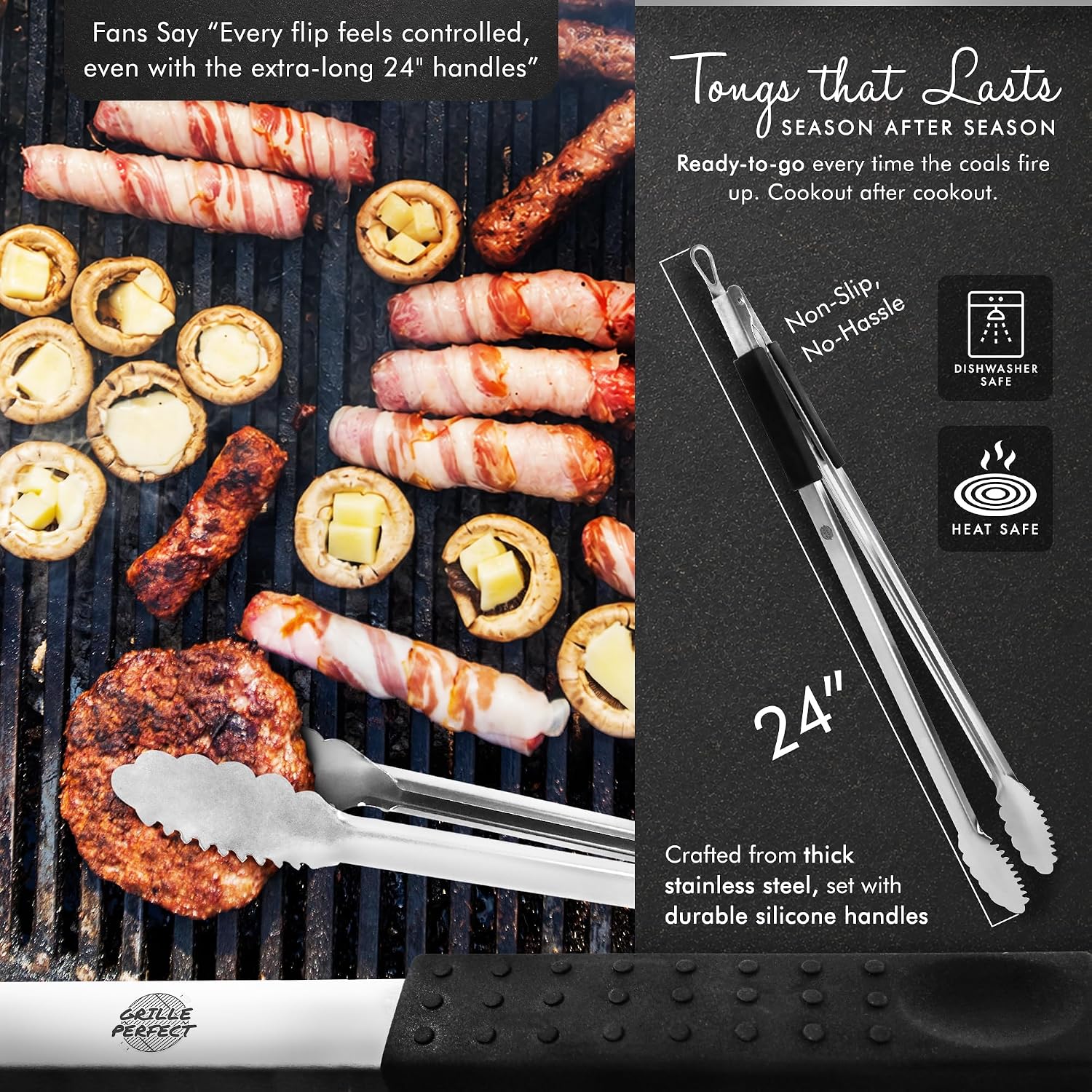 Grill Tongs 24-Inch Super Long Extra Heavy Duty for Grilling and Barbecue Heat Resistant Hand Grips Stainless Steel for BBQ Outdoor Kitchen and Cooking Hot Grilled Food