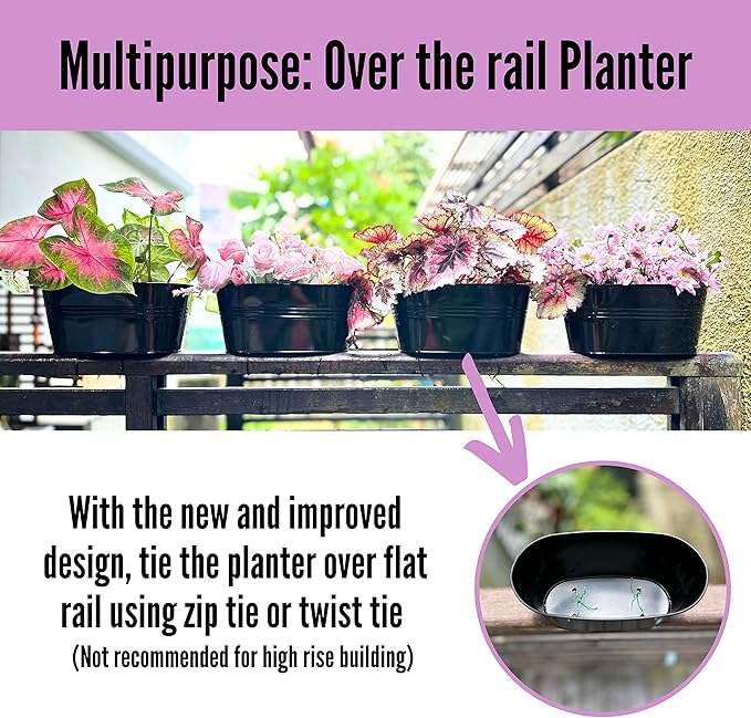 LaLaGreen Outdoor Rail Planter (11.8 Inch, 4 Pack) Black Metal Iron Hanging Flower Pots Deck Railings Fence Buckets Modern Countryside Boho Style Wall Mount Window Box Plant Holder Hooks Porch Decor