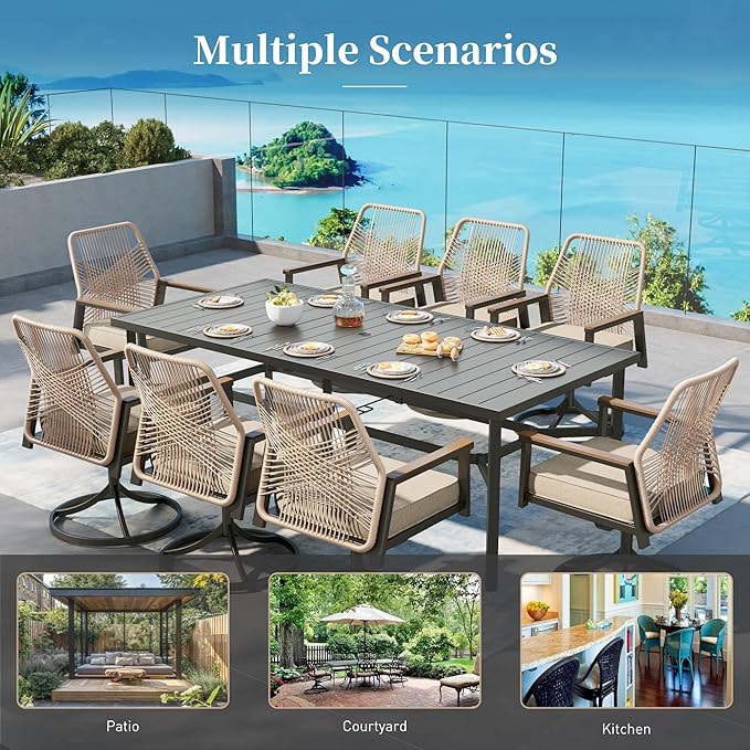 Patio Dining Set 7 Piece, 6 x Woven Rattan Swivel Chairs with Waterproof Cushion, 54” Metal Round Dining Table with Umbrella Hole, Outdoor Table and Chairs Set for Backyard Lawn and Deck,Beige