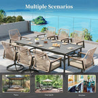 Patio Dining Set 9 Piece, 8 x Woven Rattan Swivel Chairs with Waterproof Cushion, 60" Square Wood-Like Metal Table with Umbrella Hole, Outdoor Table and Chairs Set for Backyard Lawn and Deck, Beige