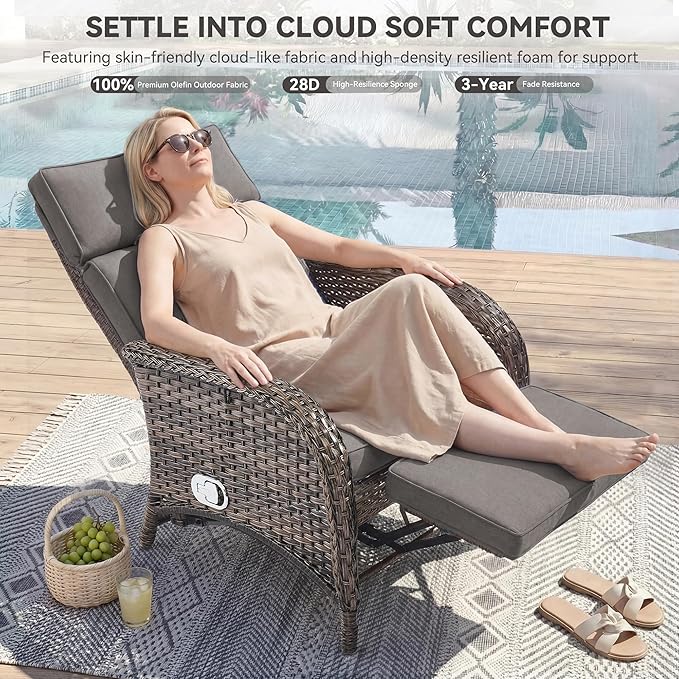 Zero Gravity Wicker Patio Recliner Chair - Wicker Outdoor Lounge Chair with Adjustable Backrest & Footrest, All Weather Outdoor Reclining Chairs with Thick Cushion for Pool Deck Gray