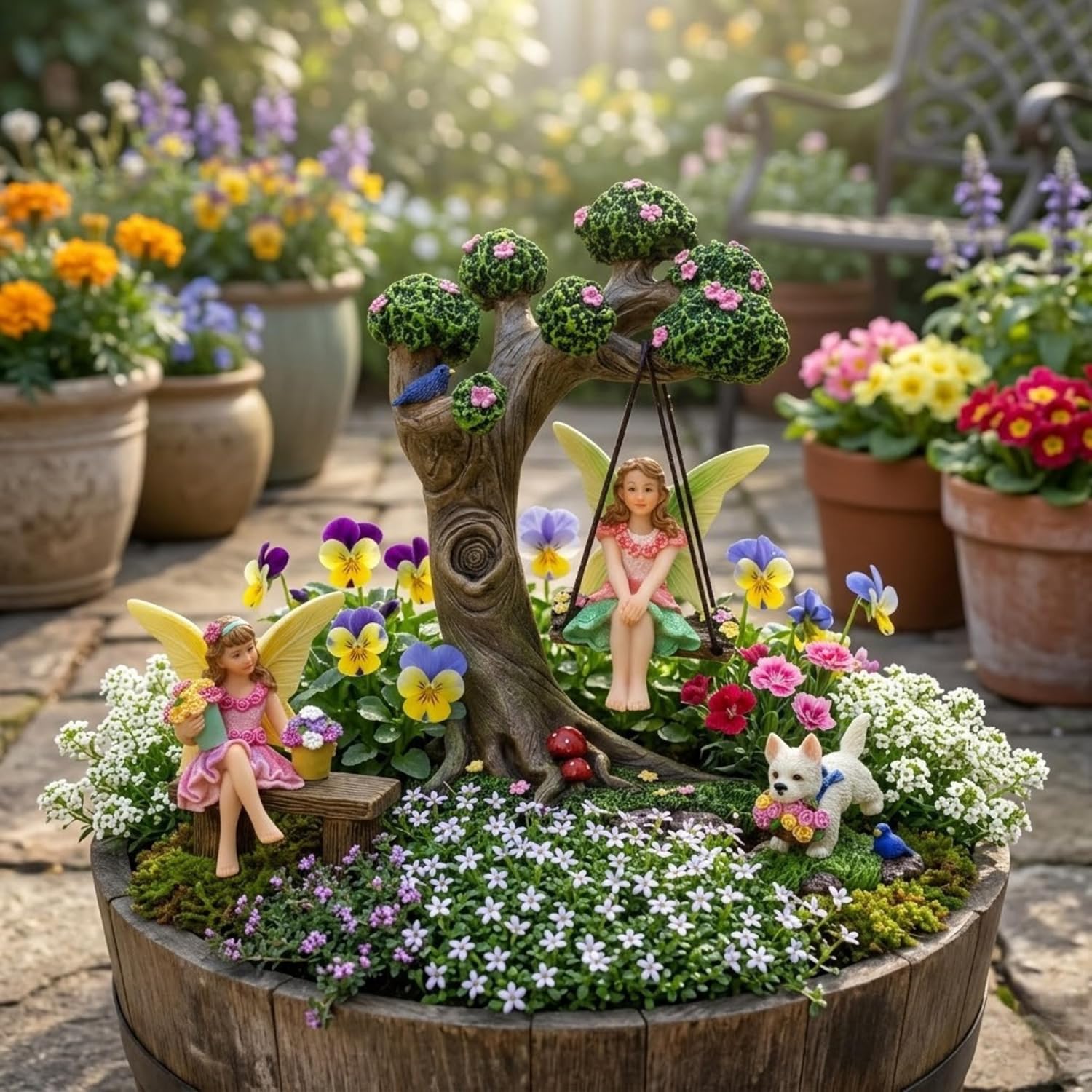Fairies for Fairy Garden - 4 Piece Set with Tree Swing | Hand-painted resin; includes a puppy; indoor and outdoor use; miniature village ornaments and decor
