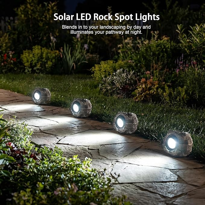 Solar Rock Lights Outdoor – 4 Pack Waterproof LED Landscape Garden Spotlights, Realistic Stone Design, Wireless Solar Powered Pathway Lights for Yard, Walkway, Patio & Lawn Decoration (Auto On/Off)