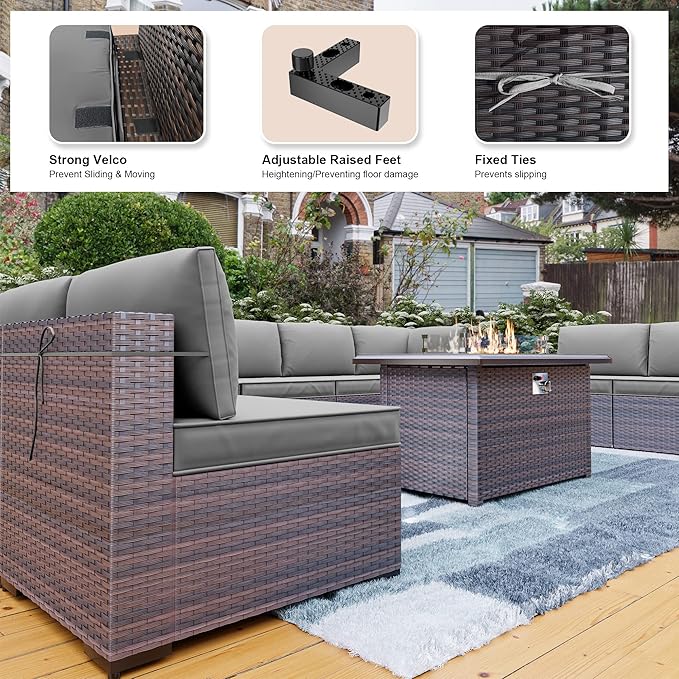 Kullavik 10 Pieces Outdoor Patio Furniture Set with 43" 55000BTU Gas Propane Fire Pit Table PE Wicker Rattan Sectional Sofa Patio Conversation Sets,Grey