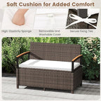 Tangkula 46 Gallon Outdoor Bench with Storage, Outdoor PE Rattan Storage Bench with Cushion, Backrest & Acacia Wood Armrests, Metal Frame, Waterproof Deck Box Seat for Porch Backyard Poolside