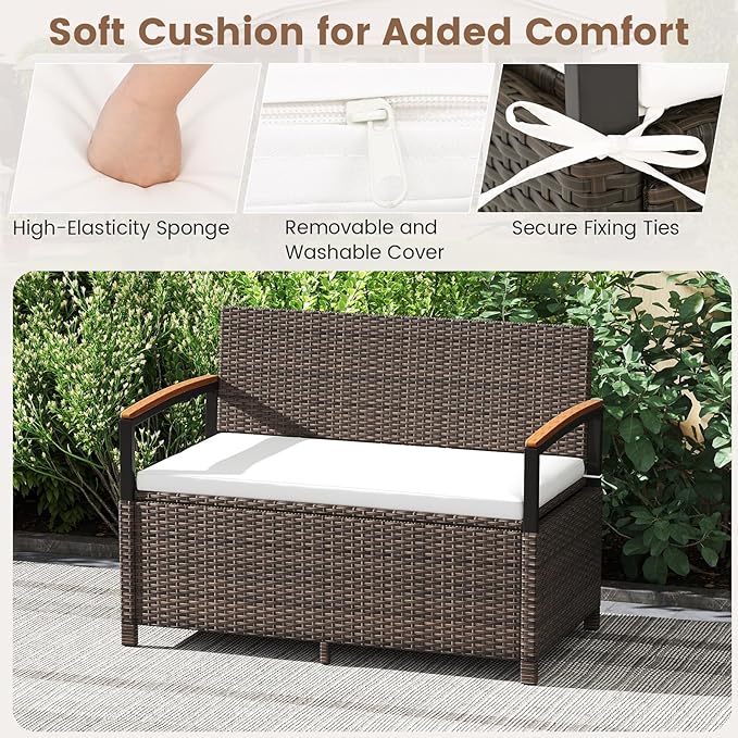 Tangkula 46 Gallon Outdoor Bench with Storage, Outdoor PE Rattan Storage Bench with Cushion, Backrest & Acacia Wood Armrests, Metal Frame, Waterproof Deck Box Seat for Porch Backyard Poolside