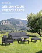 SERWALL HDPE Patio Furniture Set, 8 Pieces Composite Outdoor Furniture, All-Weather Wood-Like Outdoor Sofa Couch with Coffee Table for Deck, Lawn, Black Frame with Grey Cushion