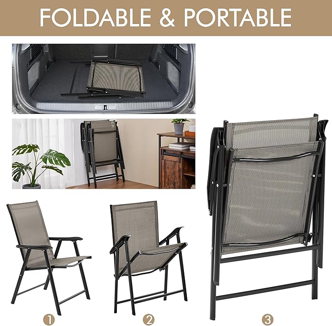Yaheetech Patio Dining Chairs Set of 2, Portable Dining Chairs with Armrests for Camping, Lawn and Beach, Folding Patio Chairs 2-Pack of Metal Frame, Brown