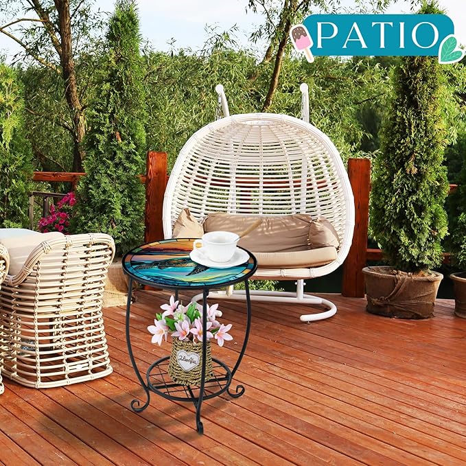 Outdoor Side Table Round Small Mosaic Patio Accent Indoor End Plant Coffee Tea Table for Yard Patio Porch Garden Living Room, Bedroom(Turtle Style,16 Inch)