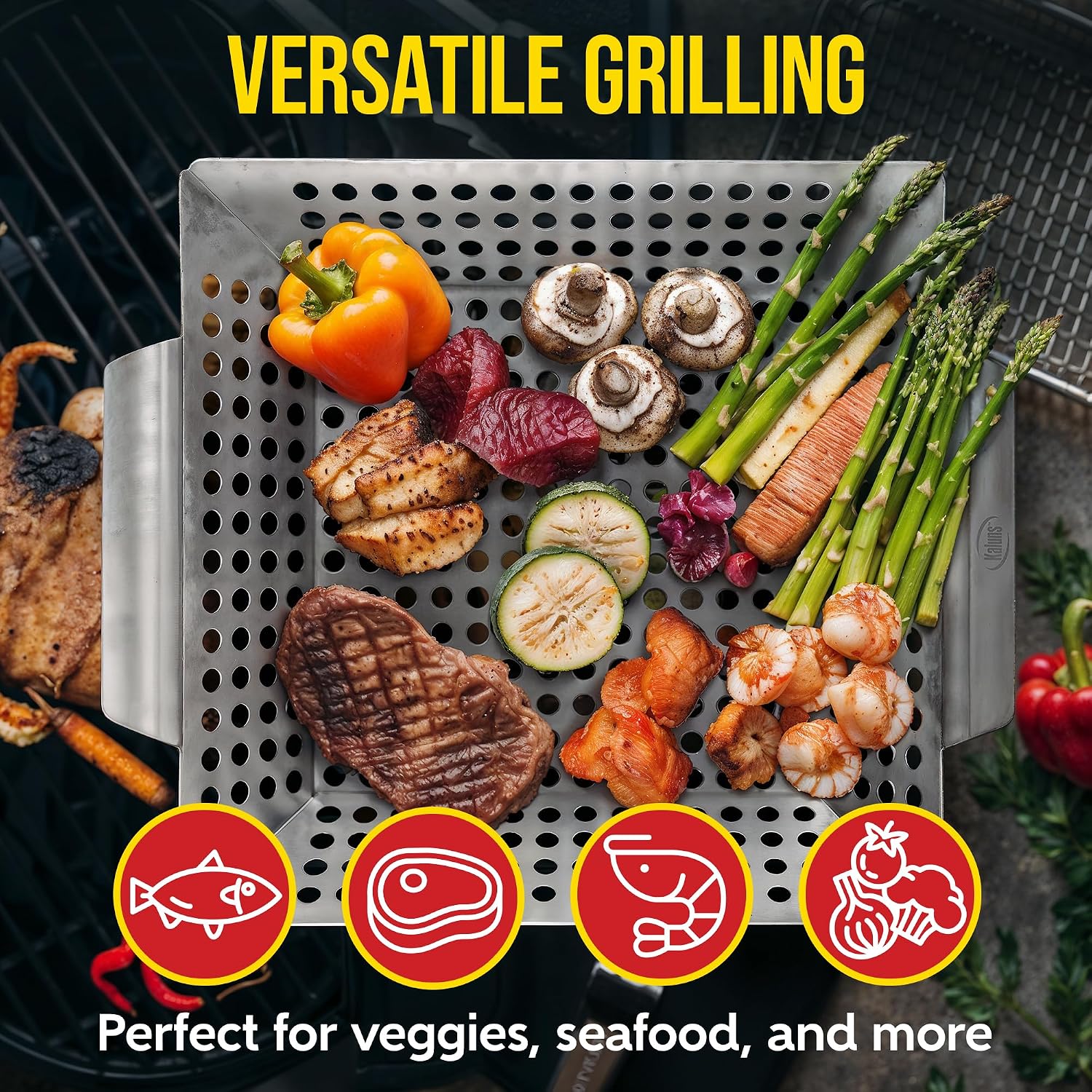 Kaluns Heavy Duty Stainless Steel Vegetable Grill Basket, Rectangular, Silver, Dishwasher Safe Grills and Vegetables