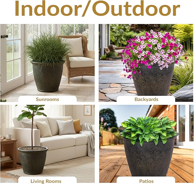 Sunnydaze 24-Inch Anjelica Large Plastic Pot for Plants - Outdoor Double-Walled Large Plastic Planter with Drillable Drainage Holes - Sable - 2pk