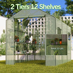 9.75 ft walk-in greenhouse, 18 shelves, waterproof cover showing dimensions