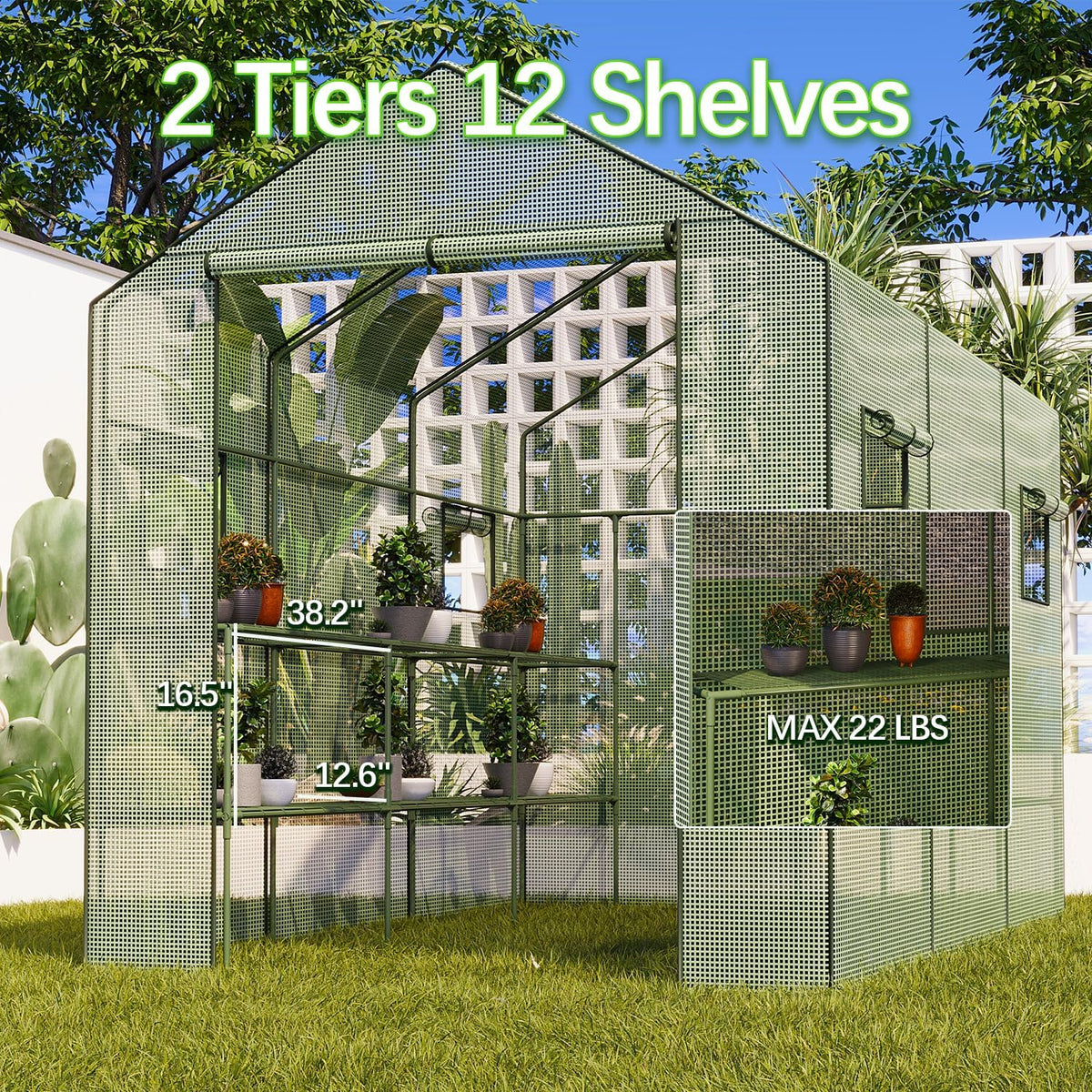 9.75 ft walk-in greenhouse, 18 shelves, waterproof cover showing dimensions