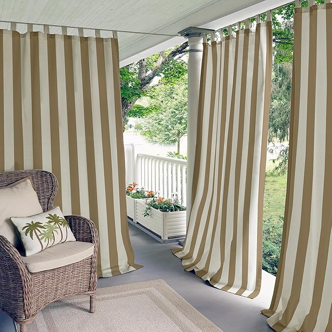 Elrene Home Fashions Highland Stripe Indoor/Outdoor Curtain Panel, 50 inches X 95 inches, Natural