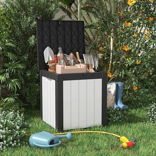 40 Gallon Resin Deck Box, Lockable Patio Outdoor Storage Box for Furniture, Garden Tools and Tools Storage, Waterproof Outside Storage Boxes - Black&White