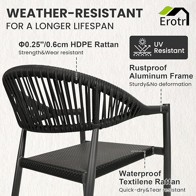 8 Pcs Stackable Patio Dining Chairs, Aluminum Rattan Outdoor Dining Chair with Arms, Woven Rope Garden Armchair Metal No Assembly for Bistro Balcony Porch Deck Yard Cafe Restaurant, Black
