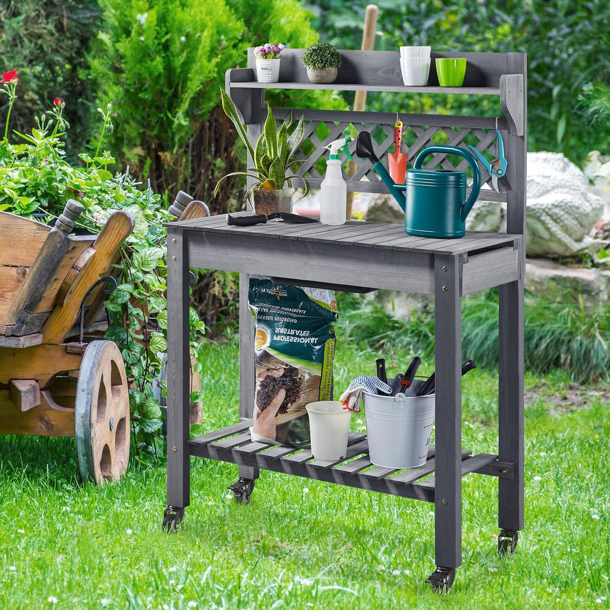 yaheetech outdoor potting bench with sink, garden table, side view