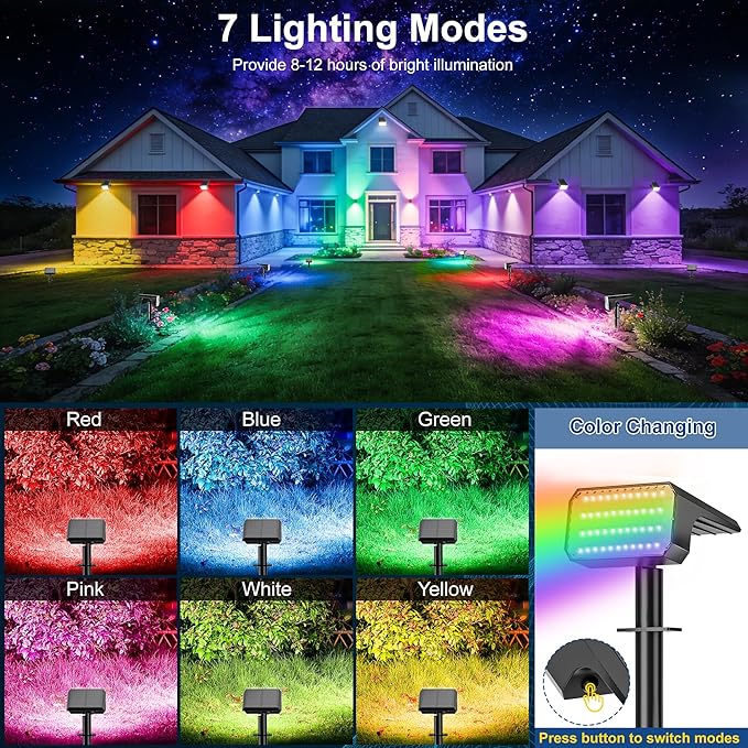 LANSOW Solar Spot Lights Outdoor Color Changing, 2 Pack/7 Modes Waterproof Solar Christmas Landscape Spotlights, LED Solar Powered Flood Lights for Yard Garden Pathway Outside Halloween, Auto ON/Off