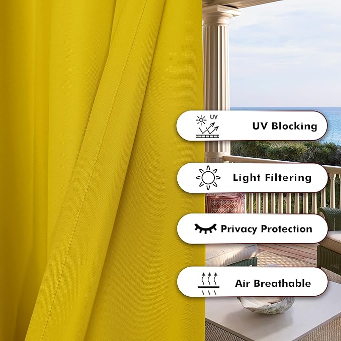 BONZER Waterproof Indoor/Outdoor Curtains for Patio Thick Privacy Grommet Curtains for Bedroom, Living Room, Porch, Pergola, Cabana, 1 Panel, 54W x 84L inch, Yellow