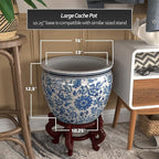 Red Lantern 16" Floral Blue & White Porcelain Fishbowl Planter