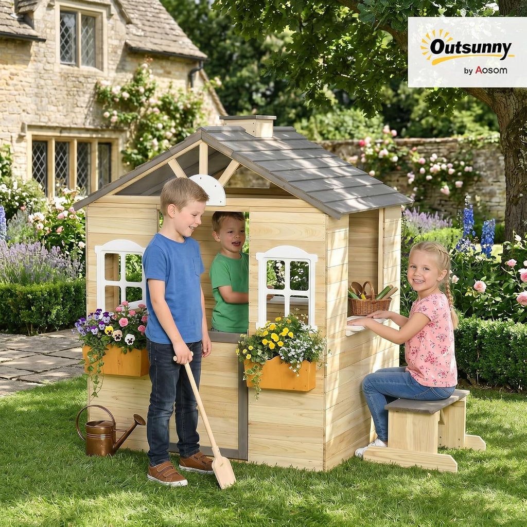 outsunny outdoor playhouse working door windows bench for shown in use