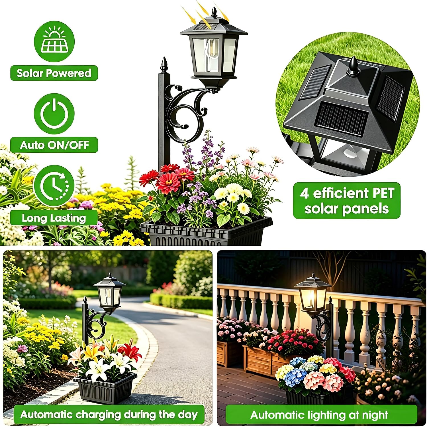 2 Pack 2-in-1 Outdoor Flower Pots, Solar Post Lamps Waterproof, Solar Lamp Post Lights, Wall Mount or Freestanding, Outdoor Decorative Lamp for Garden, Patio, Front Porch, Back Door, Warm White