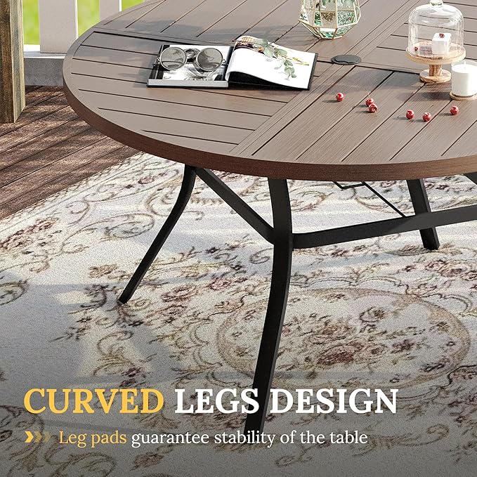 VICLLAX Round Patio Table with Adjustable Umbrella Hole for 6, All Weather Metal Outdoor Dining Table for Lawn Garden, 50" Outdoor Coffee Table, Grey Wood-Like Tabletop