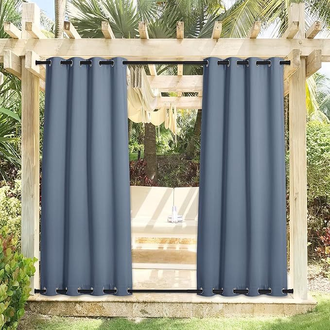 NICETOWN 2 Panels Patio Curtains Outdoor Waterproof & Windproof, Top and Bottom Wind-Break Thermal Insulated Blackout Blinds Sound Reducing Outdoor Drapes for Pergola, W52 x L95, Stone Blue