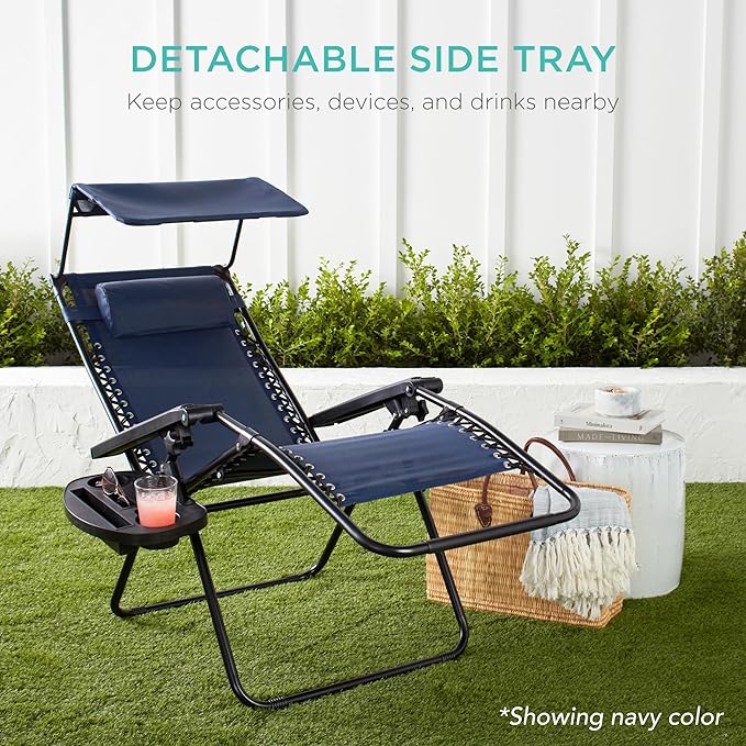 Best Choice Products Folding Zero Gravity Outdoor Recliner Patio Lounge Chair w/Adjustable Canopy Shade, Headrest, Side Accessory Tray, Textilene Mesh - Marine