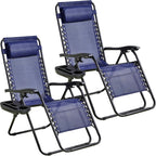 2-Pack Zero Gravity Lounge Chair Recliners - Adjustable Steel Frame with Removable Headrests & Cup/Phone/Tablet Trays - 330LBS Capacity - Navy Blue