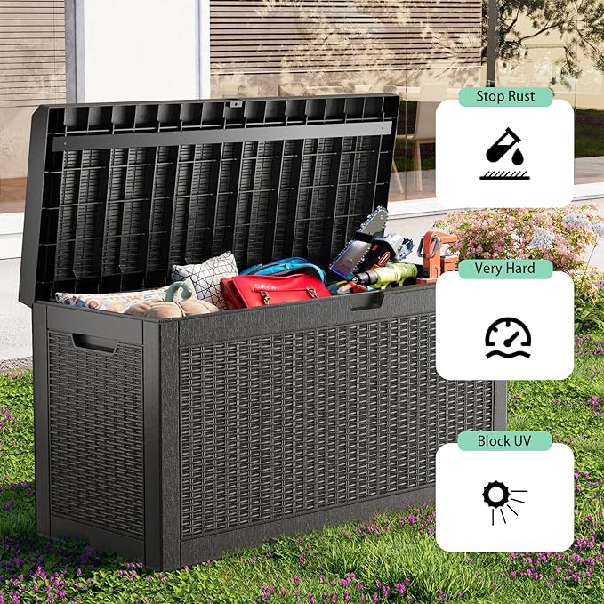 DRATO 60 Gallon Deck Box, Waterproof Resin Large Outdoor Storgae Box for Patio Furniture, Patio Cushions, Gardening Tools, Pool Supplies, Lockable（Black，60 Gallon）