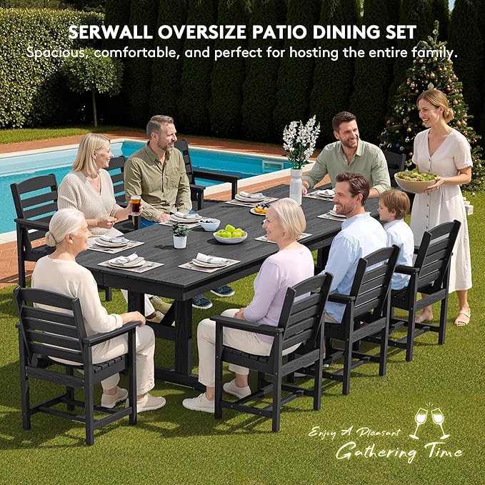 SERWALL 9 Piece Outdoor Dining Set, 84" HDPE Outdoor Table and Chairs for 8，All Weather Patio Furniture Set with Umbrella Hole for Backyard, Garden, Black