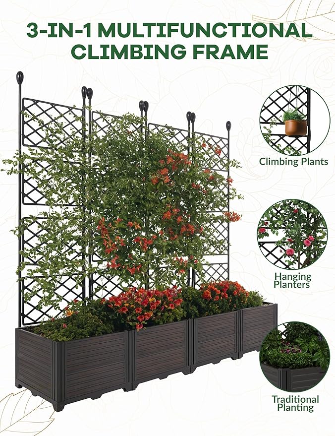 4 PCS Raised Garden Bed with Trellis,63" H Vertical Planter Box with Drainage Holes for Climbing Plants, Patio Privacy Screen & Balcony Garden