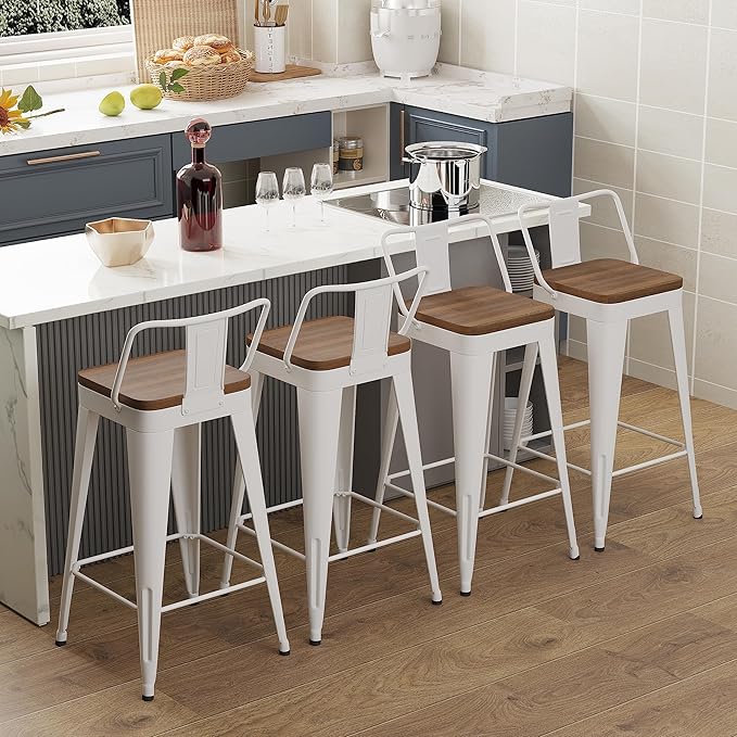 WENTMENT Metal Bar Stools Set of 4 Counter Height Bar Stools Barstools with Removable Back 24" Kitchen Bar Stools with Wooden Seat,Off White