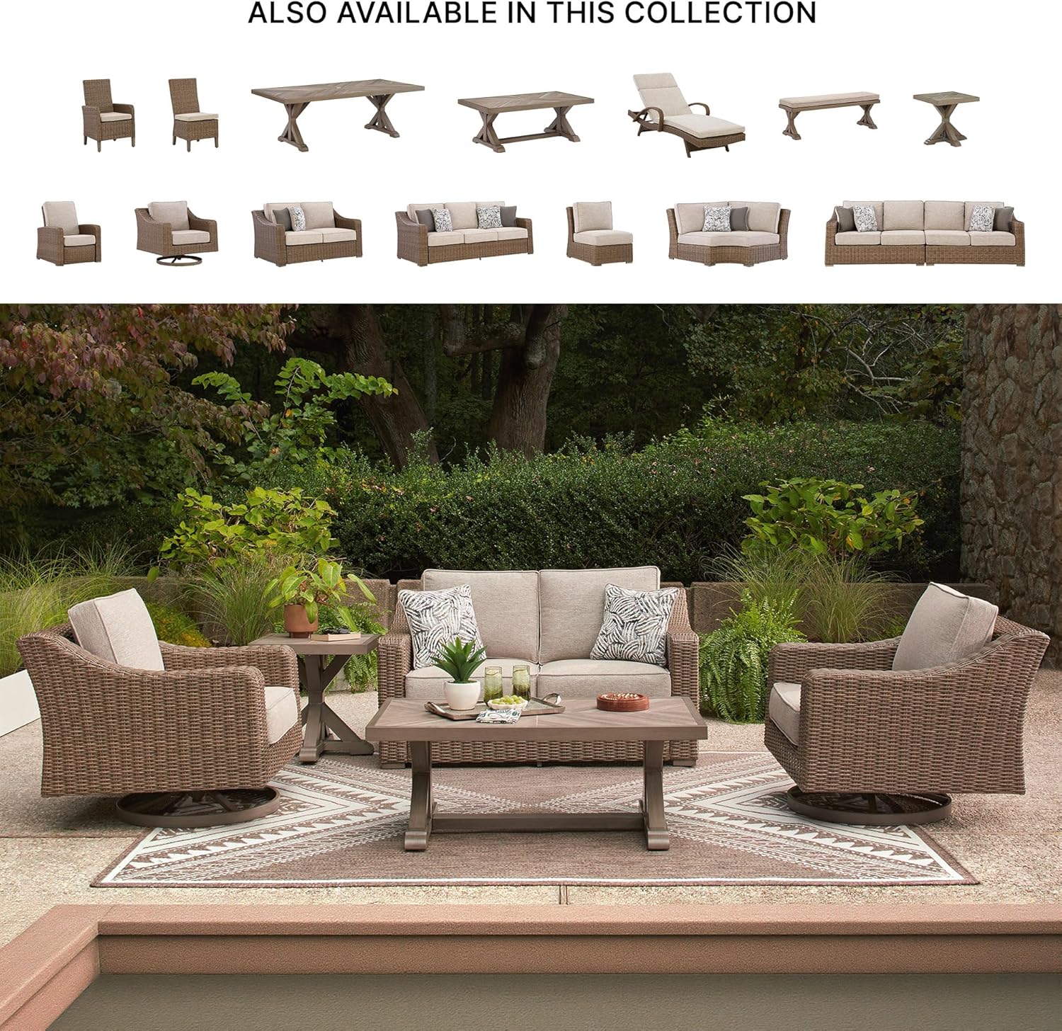 Signature Design by Ashley Outdoor Swivel Lounge Chair with Cushion, Beige | All-weather resin wicker, Powder-coated aluminum frame, Nuvella fabric, Boxed edge cushion, Carmel Bay