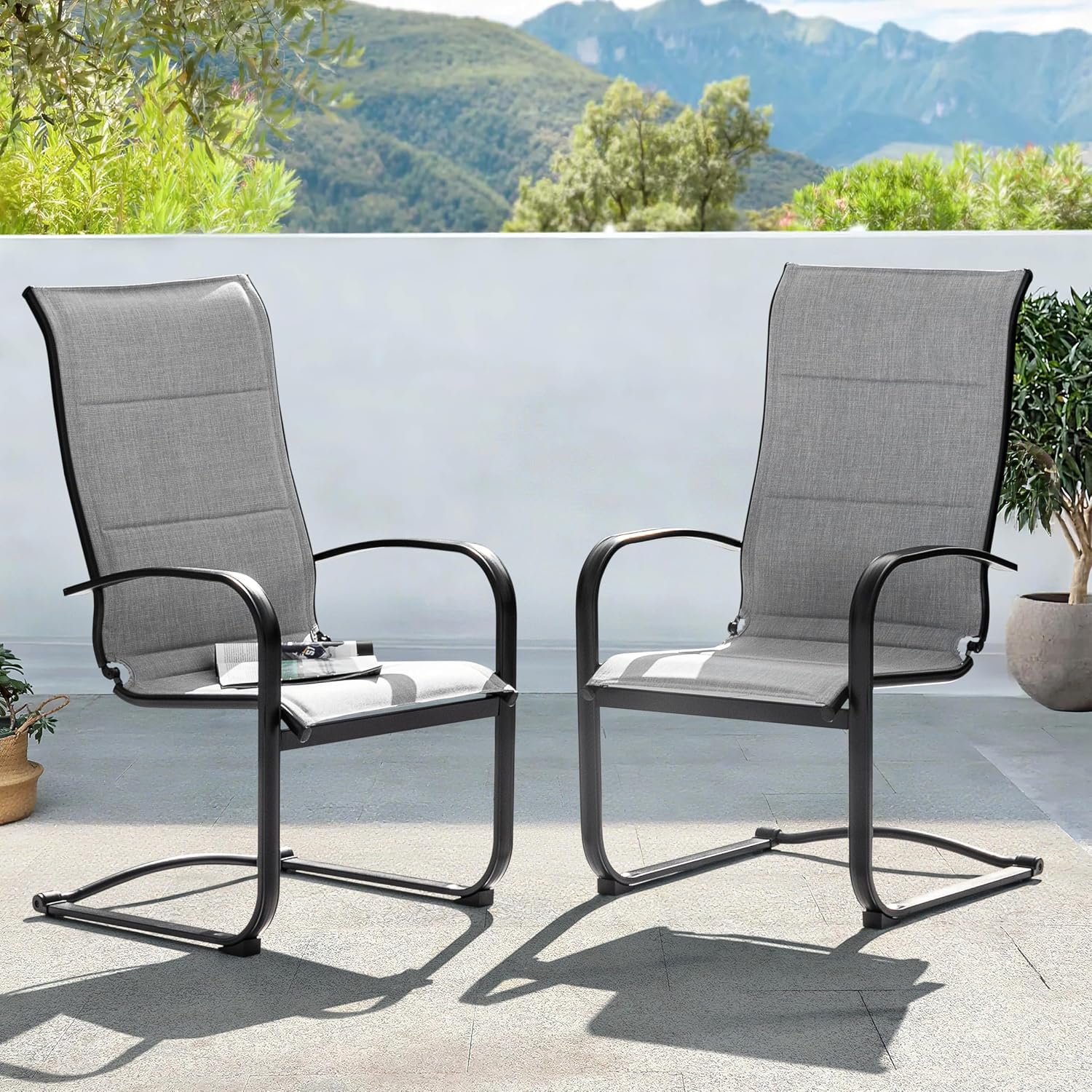 NUU GARDEN Patio Dining Chairs Set of 2, All Weather Outdoor Padded Textilene Patio Chairs, Breathable Spring Motion Textile High Back Outdoor Dining Chairs for Backyard, Lawn, Deck, Gray