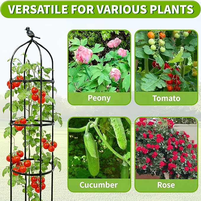 2-Pack 6FT Garden Obelisk Trellis for Climbing Plants,Adjustable 4-Tier Metal Plant Support,Rustproof Outdoor Plant Tower with 3 Decorative Tops for Roses,Tomatoes,Clematis & Vines,Black