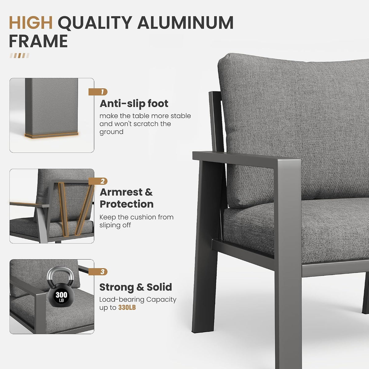aluminum outdoor patio furniture sets all-weather patio conversation, close-up detail