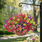 2 Set Artificial Faux Hanging Plants Flowers Basket for Outdoors Spring Summer Decoration, 2 Hanging Planters with 24pcs Fake Silk Flowers UV Resistant for Outside Porch Patio Garden Home 6 Multicolor