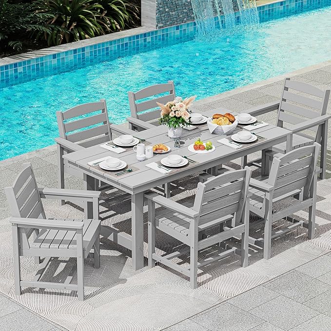 SERWALL Patio Dining Table Sets 5-Piece, Outdoor HDPE Dining Furniture Set with Umbrella Hole Cut-Out Table and 4 Chairs, All Weather Dining Set for Lawn, Garden, Backyard, Poolside, Light Gray
