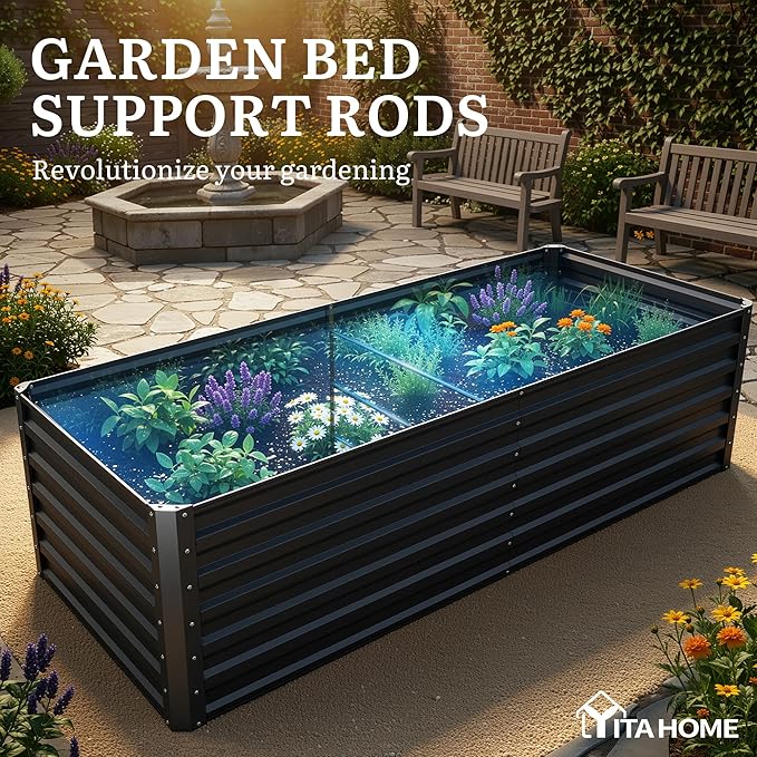YITAHOME 6pcs 6x3x2 ft Galvanized Raised Garden Bed Kit, Large Metal Planter Box with Gloves & Support Rod, Outdoor Flower Bed for Plants Vegetables, Black