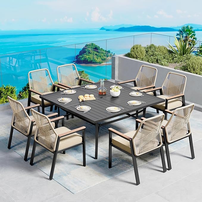 9 Pieces Patio Dining Set, 8 x Woven Rattan Chairs with Waterproof Cushion, 60" Square Metal Dining Table with Umbrella Hole, Outdoor Table and Chairs Set for Backyard Lawn and Deck, Beige