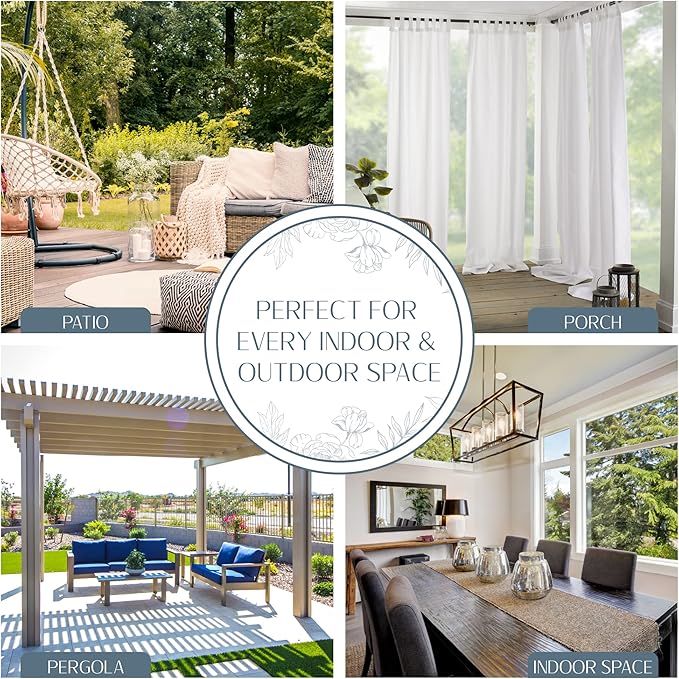 Elrene Home Fashions Matine Weatherproof Tab-Top Indoor/Outdoor Solid Color Curtain Panel for Porch, Pergola, Patio, Deck, 52”W x 108”L, White
