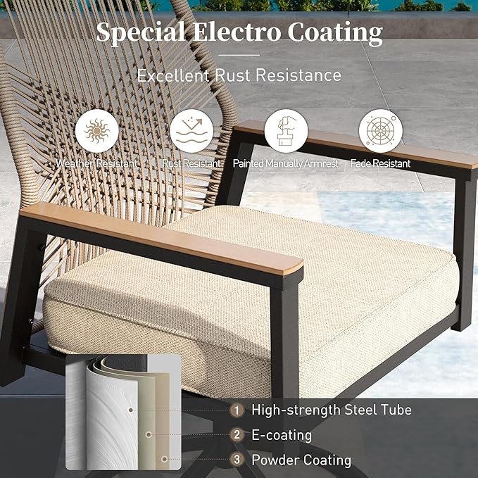 7 Pieces Patio Dining Set, 6 x Woven Rattan Chairs with Waterproof Cushion, 54” Metal Round Dining Table with Umbrella Hole, Outdoor Table and Chairs Set for Backyard Lawn and Deck