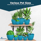 Blue Plant Pots with Drainage Holes & Saucers 5 Pack, Indoor & Outdoor Stackable Space-Saving Planters for Houseplants & Flowers, (7", 6.7", 6", 5.3", and 4.8" Inches), Durable & Weatherproof