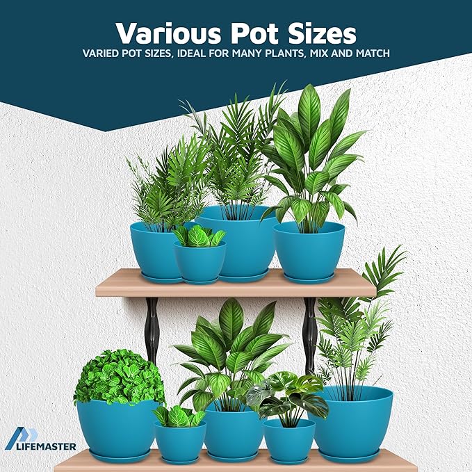 Blue Plant Pots with Drainage Holes & Saucers 5 Pack, Indoor & Outdoor Stackable Space-Saving Planters for Houseplants & Flowers, (7", 6.7", 6", 5.3", and 4.8" Inches), Durable & Weatherproof