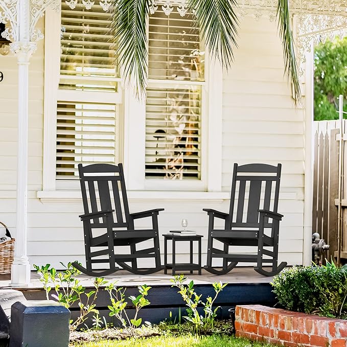 LUE BONA Outdoor Rocking Chairs Set of 2, Weather Resistant Poly Plastic Rocker, 350lb Heavy Duty, Oversized Porch Rocker for Adult, High Back Smooth for Outdoor & Indoor, Black