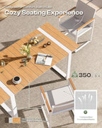Outdoor Table and Chairs of 4, Patio Dining Sets, HDPS + Aluminum Outdoor Furniture Set with Umbrella Hole, Patio Dining Table Set (White-Teak)