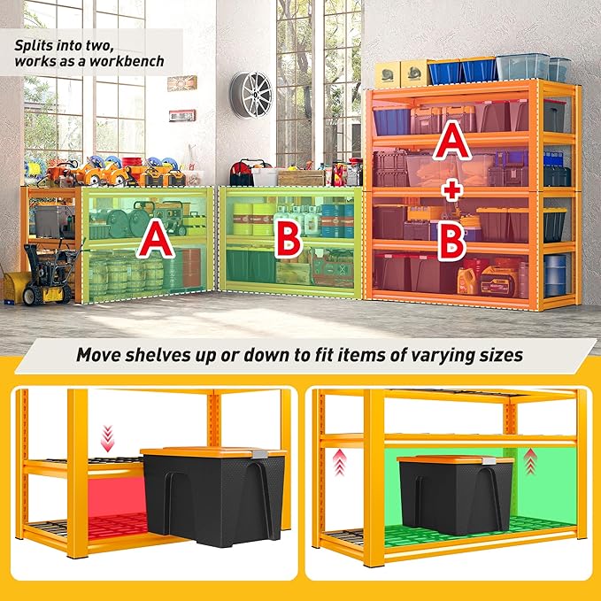 REIBII Garage Shelving Load 3200LBS, 5-Tier Storage Shelves, Adjustable Heavy Duty Metal Shelving Unit for Pantry, Basement, Warehouse, 72" H x 36" W x 16" D